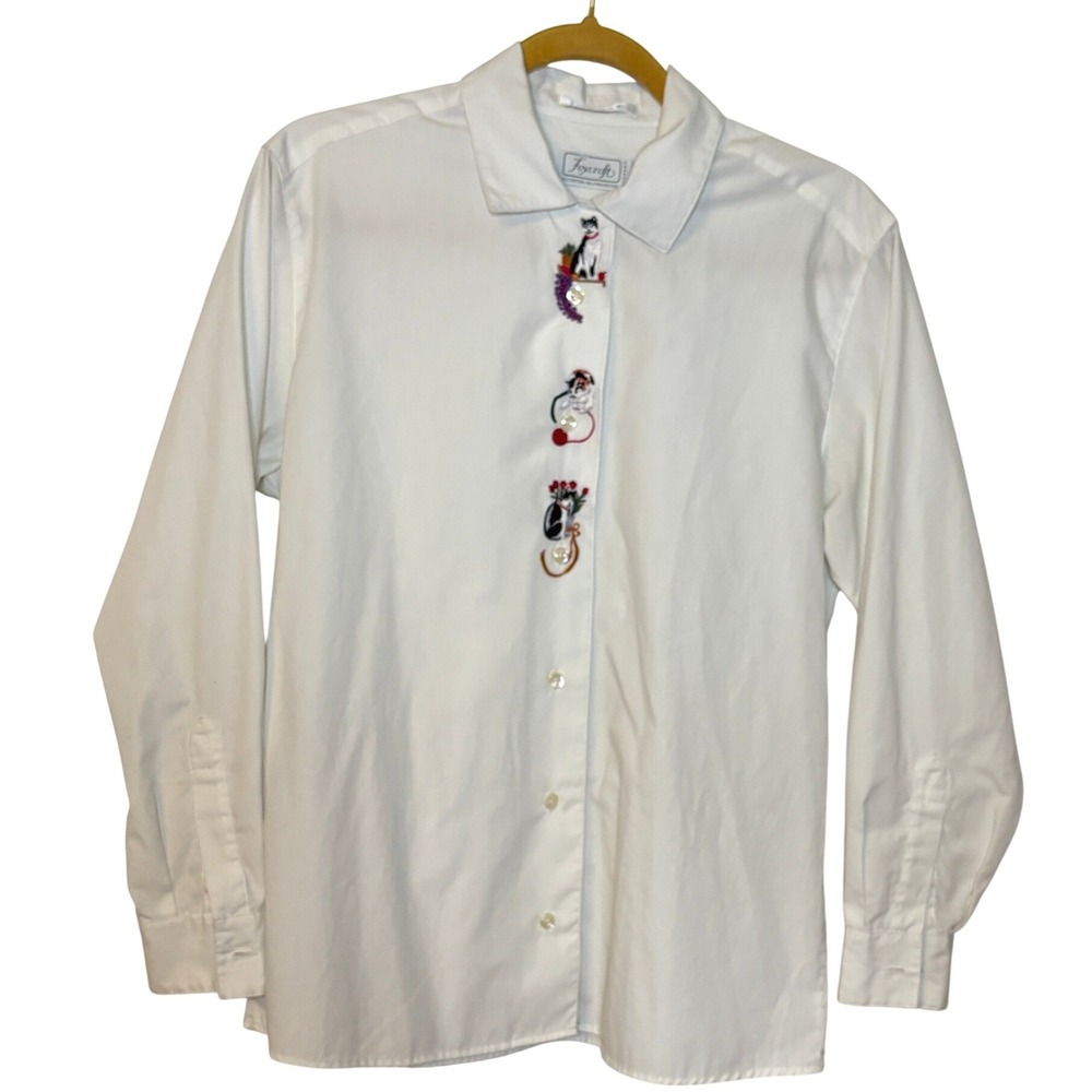 Vintage Foxcroft White Embroidered Cat Button Down Shirt Longβ Sleeve Granny